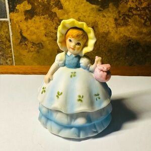 Vintage Porcelain Little Girl With Purse, Trinket Dish, Blue Flower Dress.